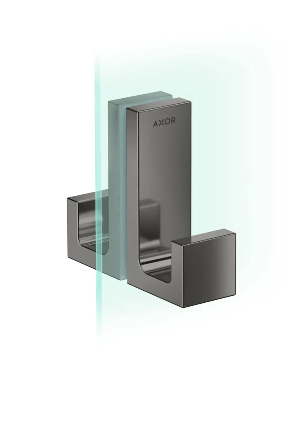 Duschtürgriff in Polished Black Chrome von AXOR, mit rechteckigem Design und Halterungen zur Montage an Glastüren.